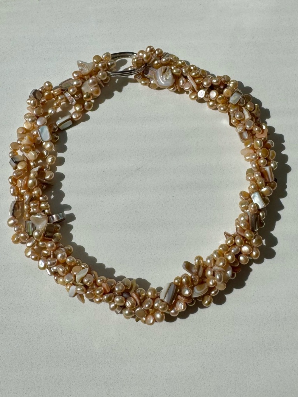 Chunky Multi-Strand Statement Necklace - Freshwater Pearl & MOP Shell Boho